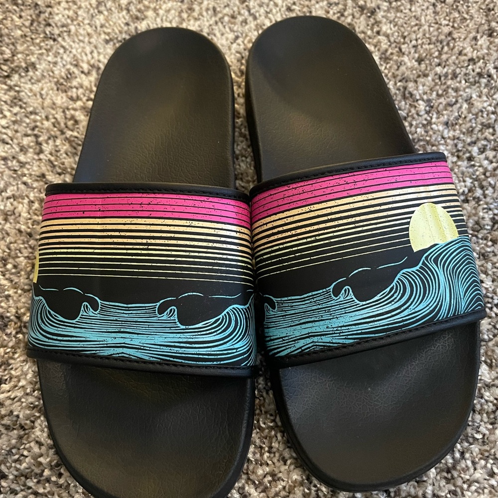 Roxy Black Slide Sandals with Sunset Wave Print
